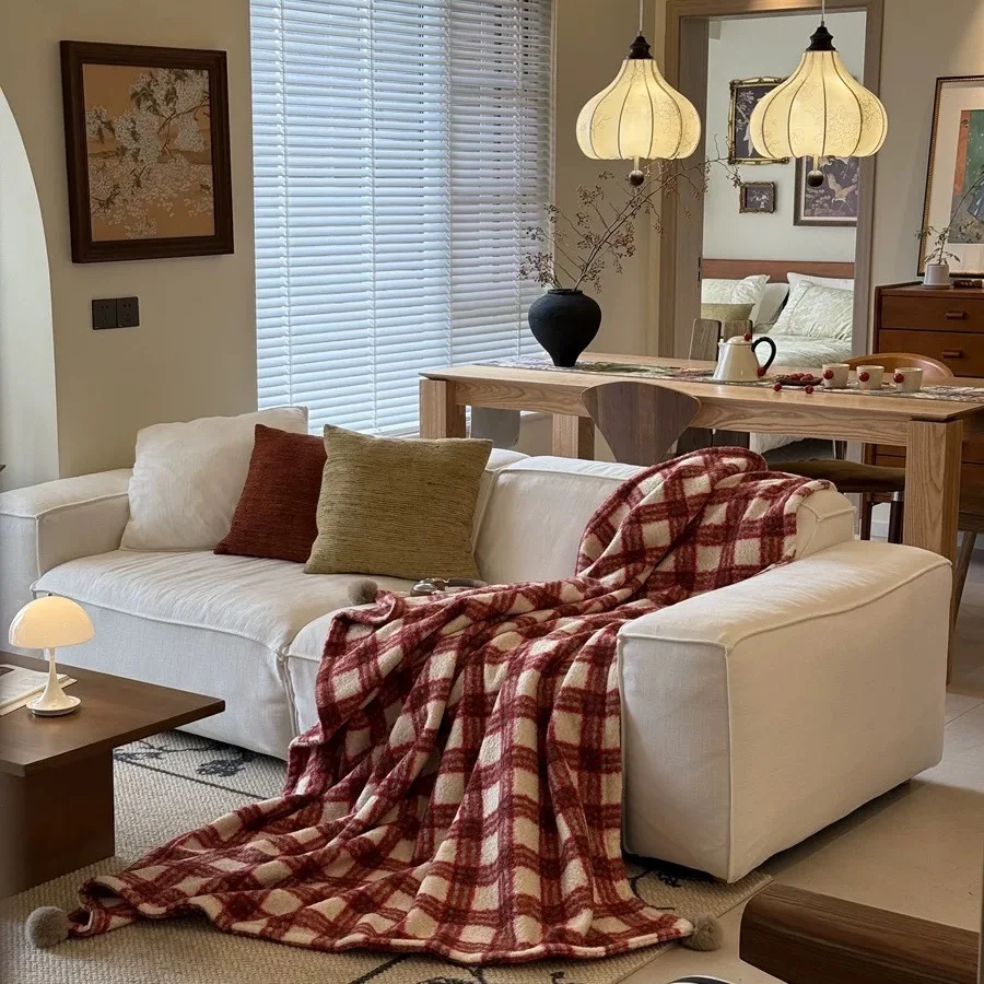 Christmas Plush Blanket with Pom Poms,Red White Checked Faux Lamb Wool Throw for Sofa Soft Blanket Xmas Decor Cozy Home Gift