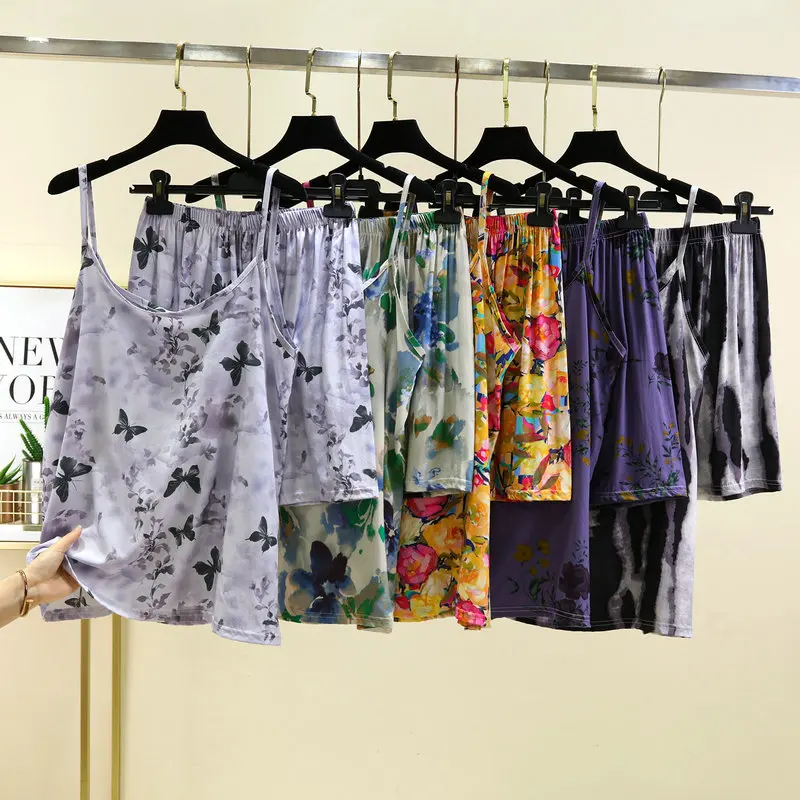 SummerNew Arrival Cotton Silk Floral Print Camisole and Shorts Pajama Set - Lightweight Loose-Fitting Casual Two-Piece Sleepwear