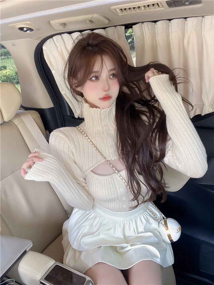 Knitted Sweater Woman Casual Long Sleeve Crop Tops Pure Color Elegant Pullover Korean Fashion Clothing Design 2022 Autumn Slim