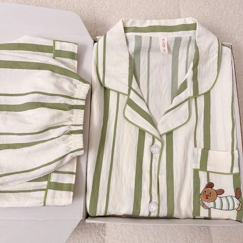 Embroidery Dachshund Strip Print Women's Pajamas Set Harajuku Style Sweet Cute Sleepwear Set Short Sleeve Women's Pajamas Summer