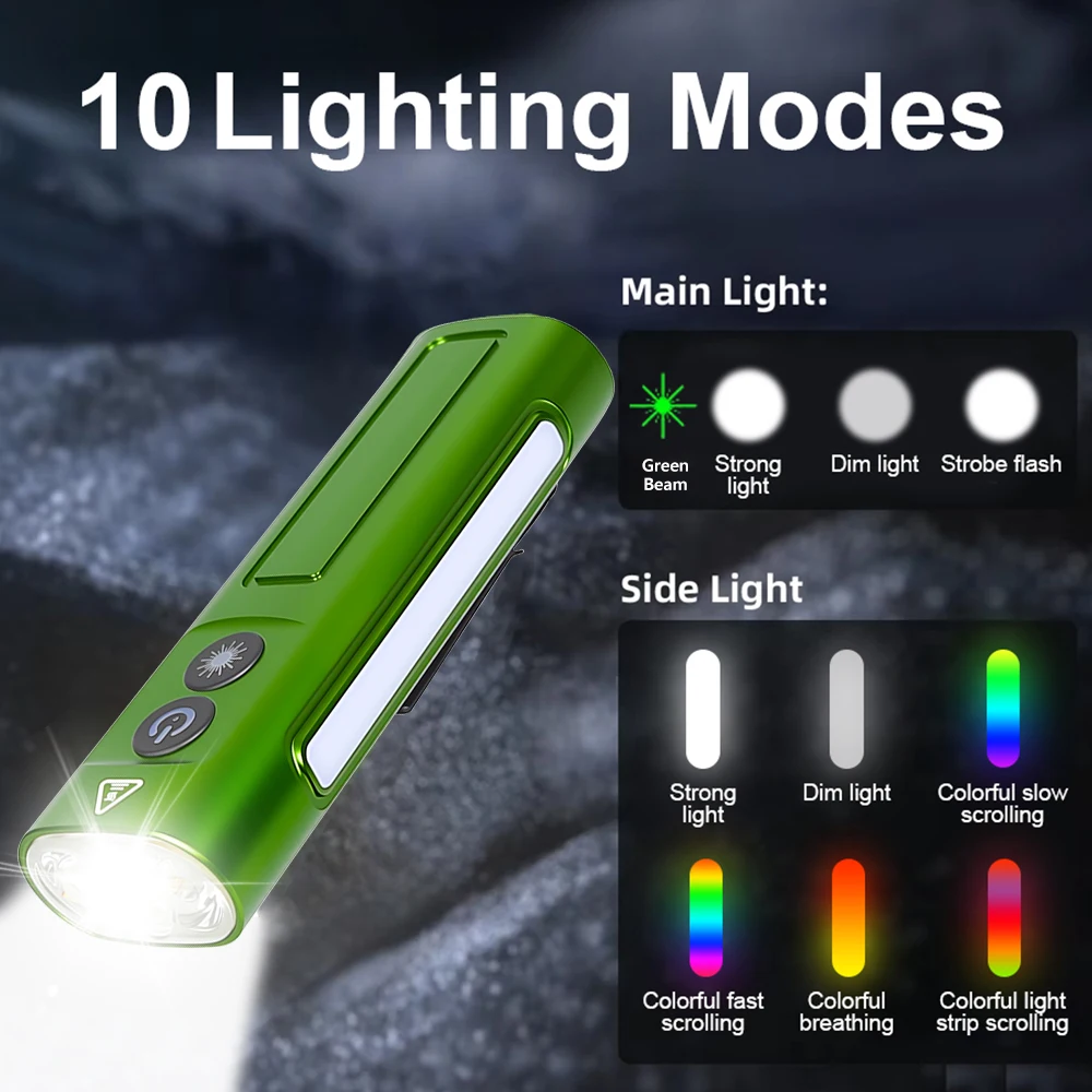 

Multifunctional EDC Flat LED Flashlight with Green Beam Rechargeable RGB Side Light Outdoor Waterproof Lantern Camping Hiking
