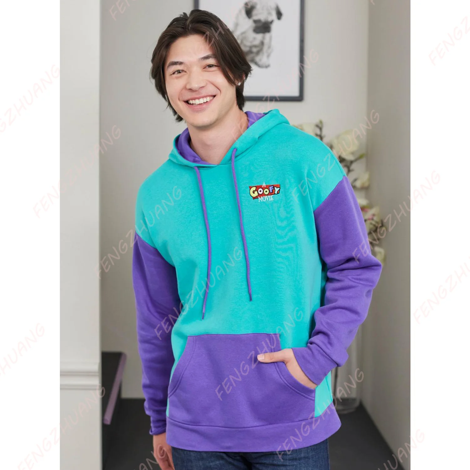 سويت شيرت بغطاء للرأس من Our Universe Disney A Goofy Movie Colorblock موضة جديدة للرجال والنساء بلوفر كاجوال فضفاض Sportwea #1