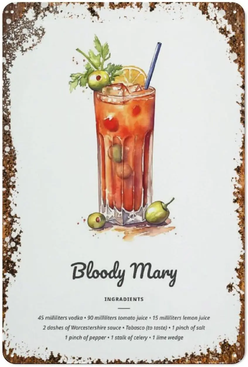 Decoración de arte de pared de cóctel Bloody Mary, receta de arte de pared de Bar en casa, restaurante de cocina de Club de Bar, logotipo de estaño de metal Vintage para el hogar