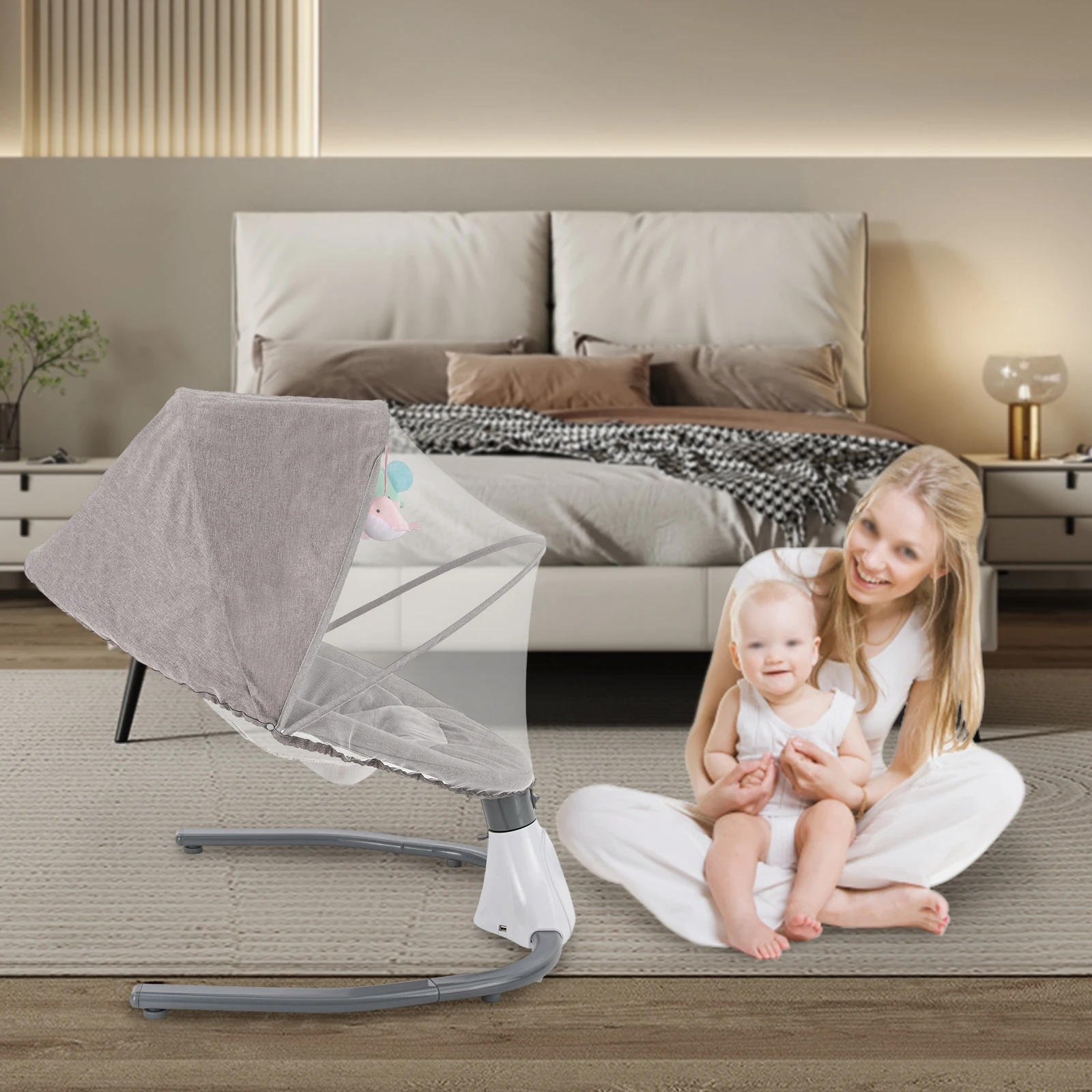 كرسي هزاز كهربائي محمول للأطفال، قابل للفصل وسهل الحركة، كرسي هزاز مضاد لدغة البعوض