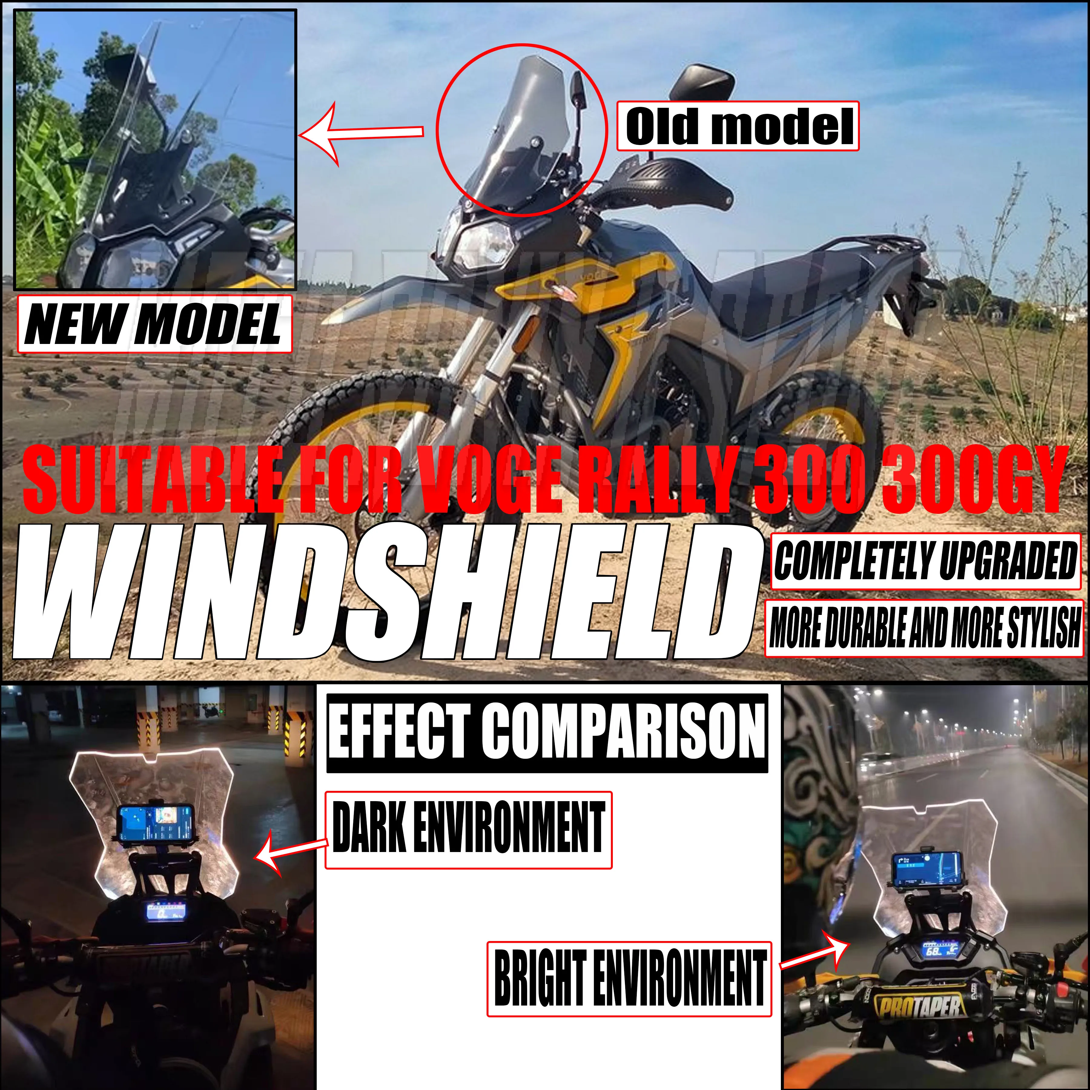 

Новейший модернизированный комплект ветрового стекла, подходящий для мотоциклов VOGE Rally300 300GY. Прочный и стильный.
