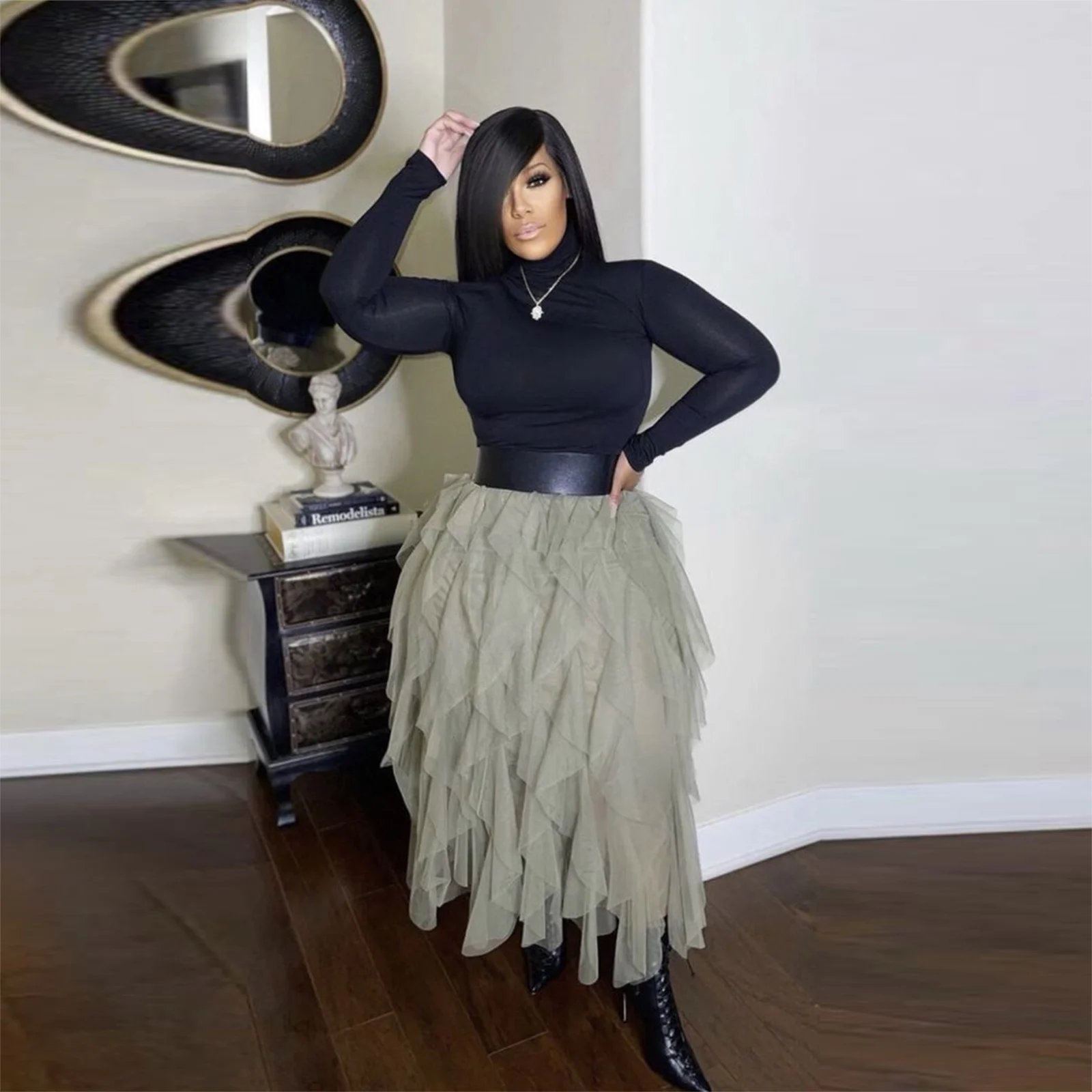 

Green Tutu Tulle Long Maxi Skirt Women Gorgeous High Waist Pleated Skirt Mesh Female Lady Aesthetic Faldas