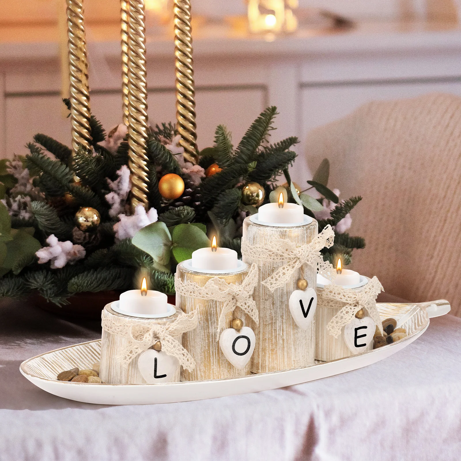 4/3 Stück Kerzenhalter, eleganter Kerzenhalter aus Holz mit Herz-Tablett, romantische Kerzenhalter-Ornamente für Hochzeit, Weihnachten, Party-Dekoration
