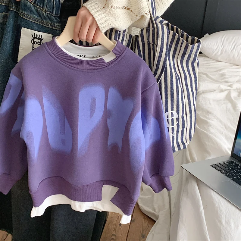 Boys Hoodies Sweatshirts Cotton Tops Outwear 2024 Purple Spring Autumn Kids Teenagers Long Sleeves Children\'s Clothing