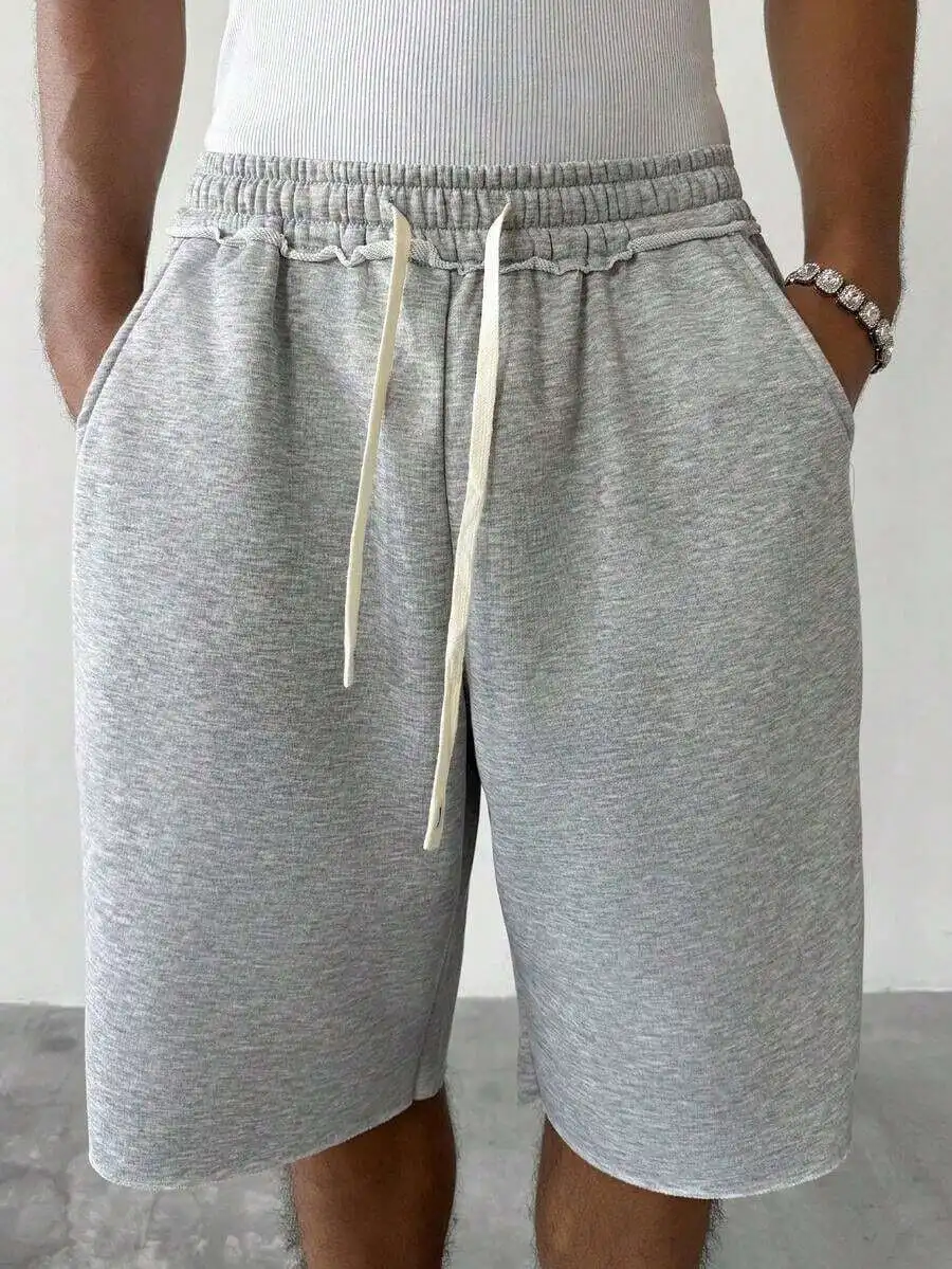 

Mens Gray Loose Casual Knee Length Shorts With Drawstring Waist