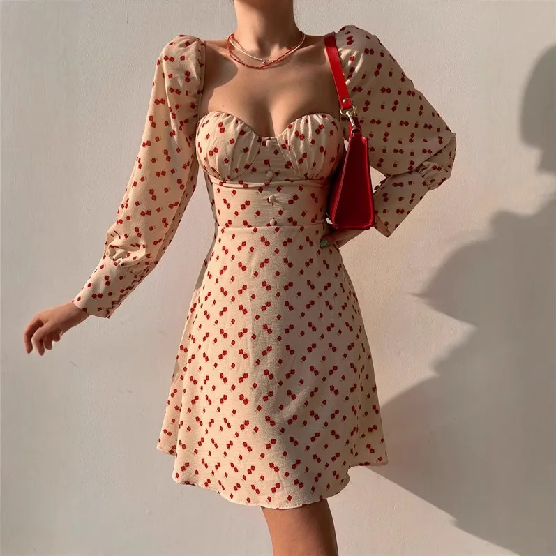 فستان نسائي جديد للربيع والصيف على شكل زهرة فرنسية بقصة منخفضة ورقبة مربعة وحزام خلفي فستان على شكل حرف A 288