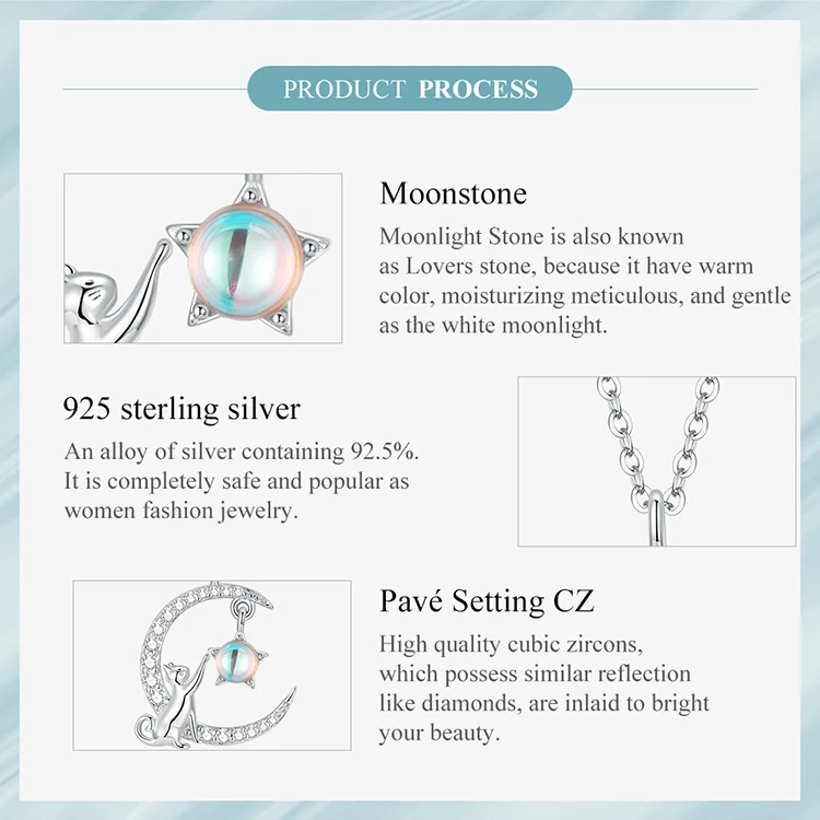 WOSTU 925 Sterling Silver Cute Cat Moon Pendant Necklace For Women, reamy Moonstone Zircon Charm Necklaces Special Gift For Her