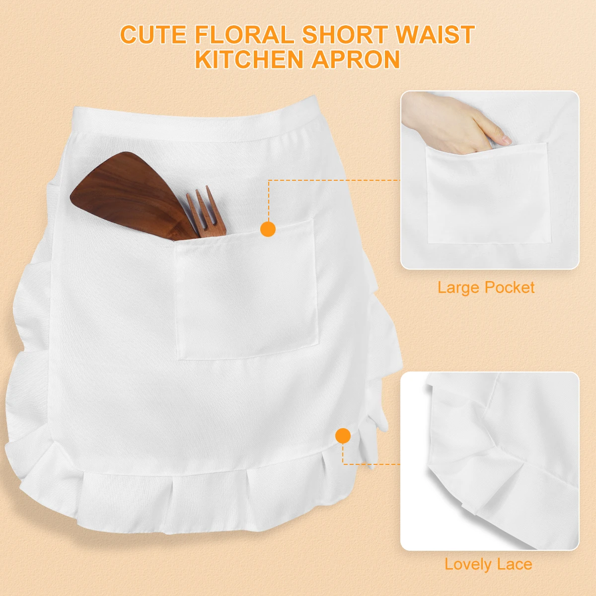

Fashionable Half Apron for Women Short Waist Kitchen Bib Large Pocket Maid Costume Waitress Gardening Baking Cleaning