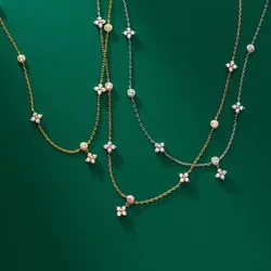 Temperament Trend Four Leaf Zircon Flower Pendant Necklaces for Women Exquisite Stainless Steel Chokers Jewelry Anniversary Gift