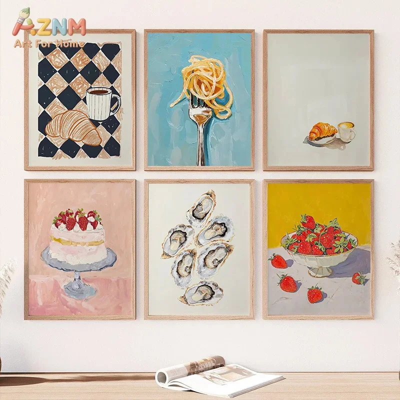 AZNM Impasto Food Canvas Wall Art Croissant Pasta Strawberry Cake Oyster Print Frameless Canvas Painting Kitchen Dining Room Dec