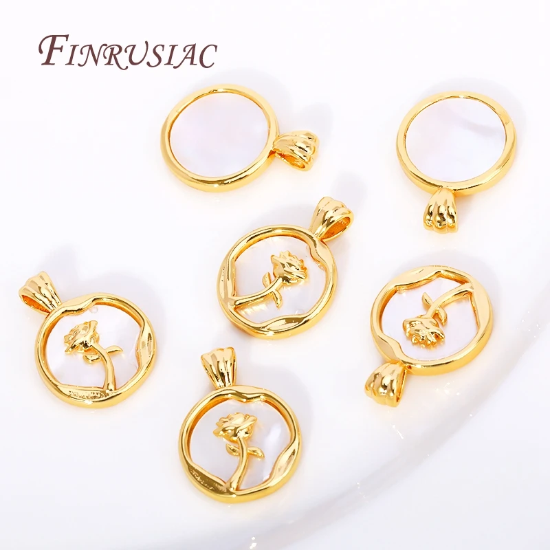 18K Real Gold Plated Rose Pendant Jewellery Making Supplies,Natural Shell Round Charms For DIY Necklace Making Crafts