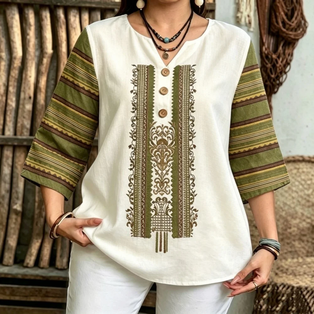 Women 3/4 Sleeve Notch V Neck Blouse Off White Striped Patchwork Vintage Floral Embroidery Daily Shirt