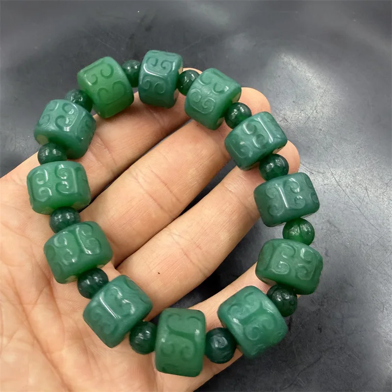 Green Agate Abacus Bead Bracelet with Carved Patterns 2