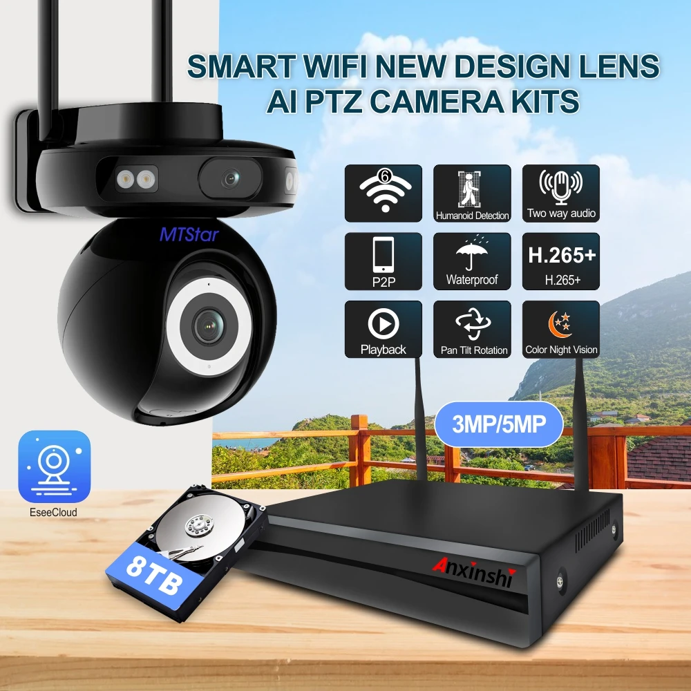 MTStar 4CH Wireless WiFi PTZ Camera Kits 5MP Two Way Audio IP66 Color Night Vision H.265+ P2P Human Detection CCTV P2P EseeCloud