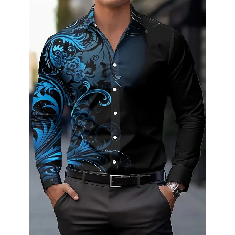 

2025 Мужская рубашка с длинным рукавом с градиентным цветочным принтом, повседневная облегающая уличная одежда, стильная рубашка с принтом, удобная верхняя блузка для мужчин