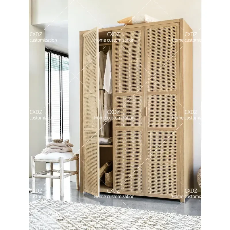 Nordic Solid Wood Rattan Three Door Wardrobe Log Color Art Storage Cabinet Bedroom Locker Customizable