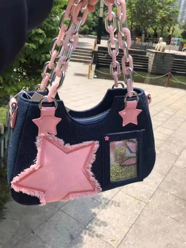 Vintage Denim Shoulder Bag Star For Women Patchwork Color Contrast Crossbody Bag DIY Photo Art Casual Girl Underarm bag