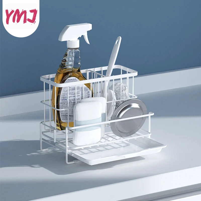 

Kitchen Iron Storage Rack Multi-functional Compartment Storage basket with Drain Tray Cleaning Utensils Rag Sponge Drain Rack