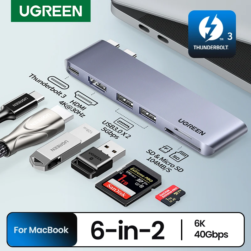 UGREEN USB-C HUB 6-in-2 Type-C do 4K HDMI Thunderbolt 3 USB3.0 SD&TF Adapter do stacji dokującej MacBook Pro Air Rozdzielacz USB-C