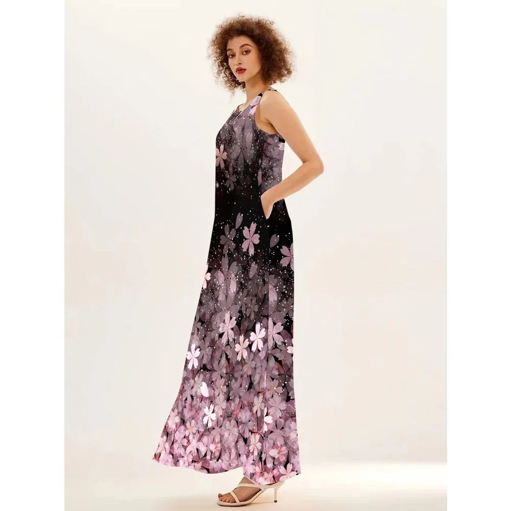 Boho Chic Haute Print Kleid für Frauen locker lässig Strand V-Ausschnitt Sommerkleid ärmellose knöchel lange