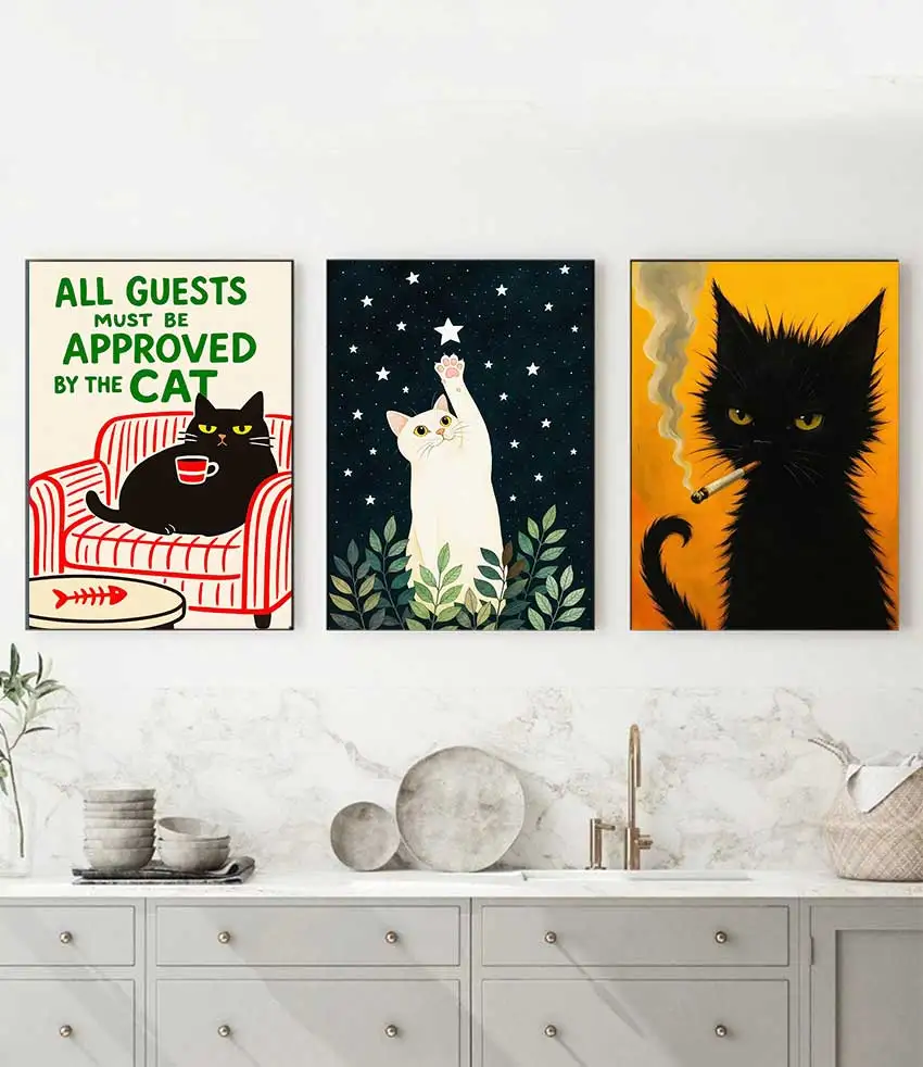 Cat with Cocktail Smoking Poster Canvas Painting Print Wall Art for Living Room Home Decor More Spaghetti, Less Upsetti Black