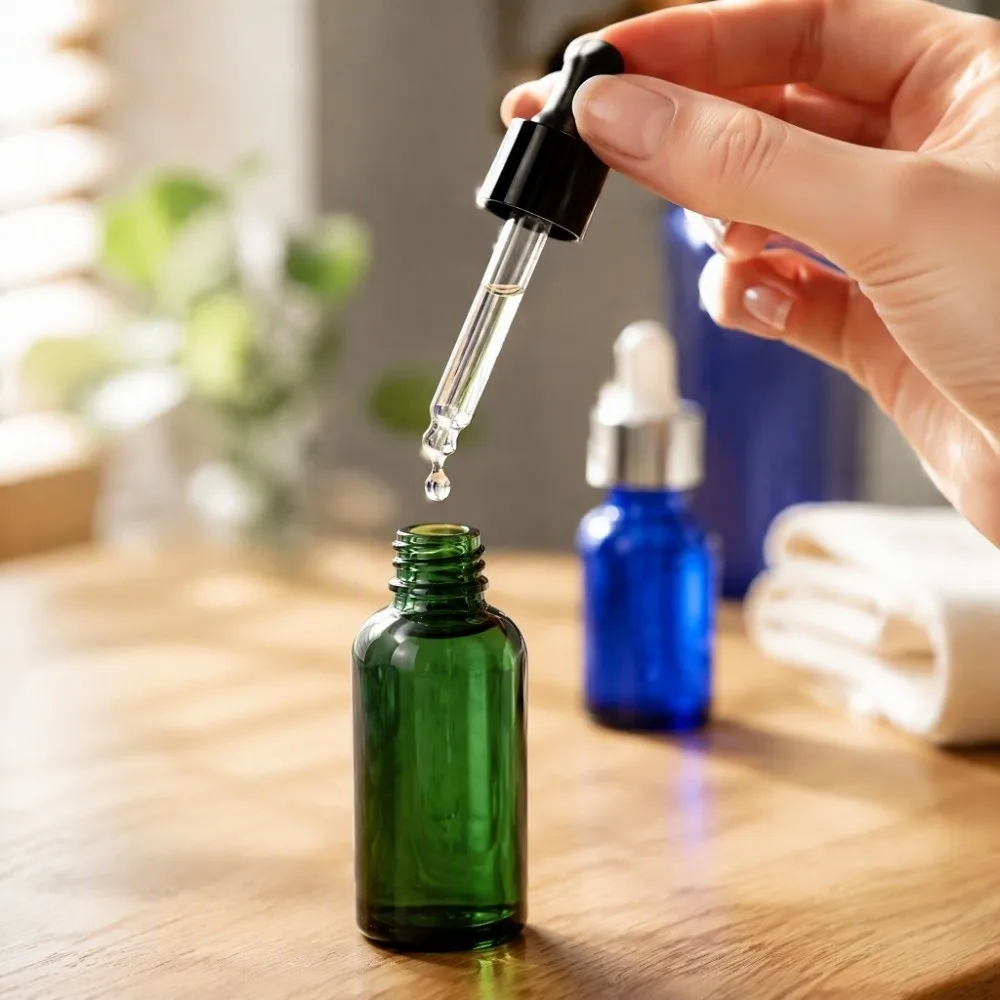 Light Resistant Glass Dropper Bottles Blue Green Premium Glass Refillable Vials Dropper Design Smooth Inner Walls