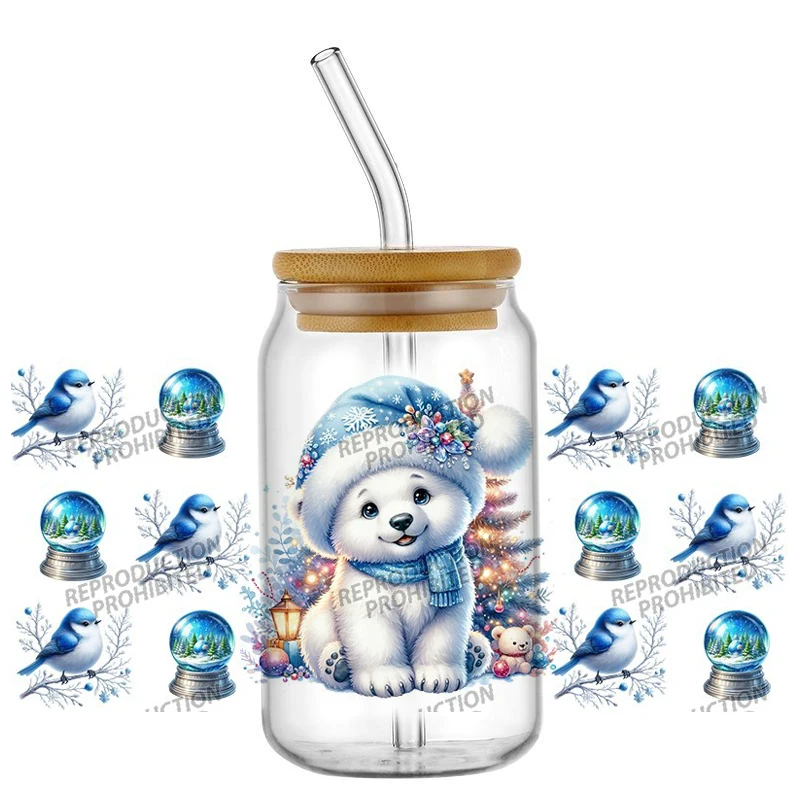 Christmas dog pattern UV DTF Cup Decals Transfer Sticker For 16oz Glass Tumbler Winter Holiday DIY Cup wrap Decor Accessories