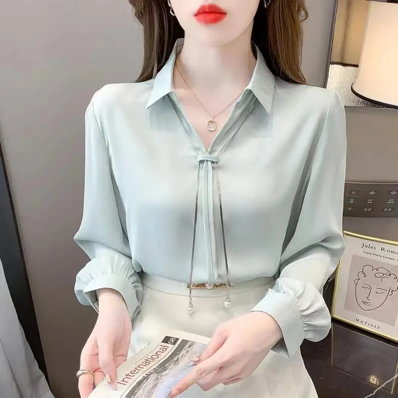 Office Lady Light Colour Unique Temperament Turn Down Collar Blouse Thin Metal Chain Decoration Lantern Sleeve Female Chiffon