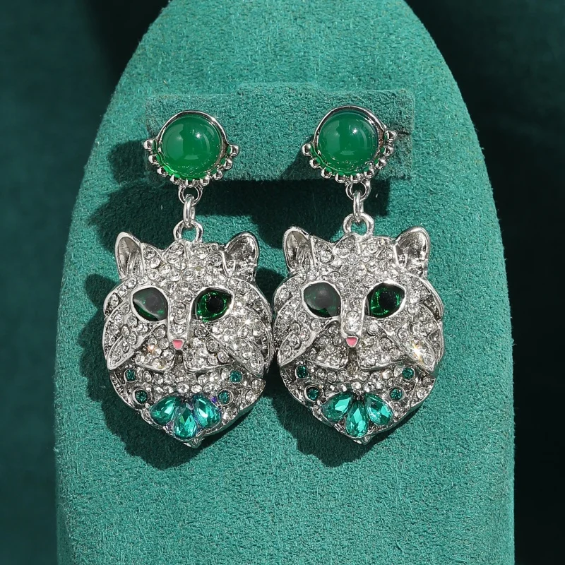 Vintage Green Agate Rhinestone Cat Head Earrings Brand Designer Luxury Silver Color Jewelry For Women Party Gift Trending 2026