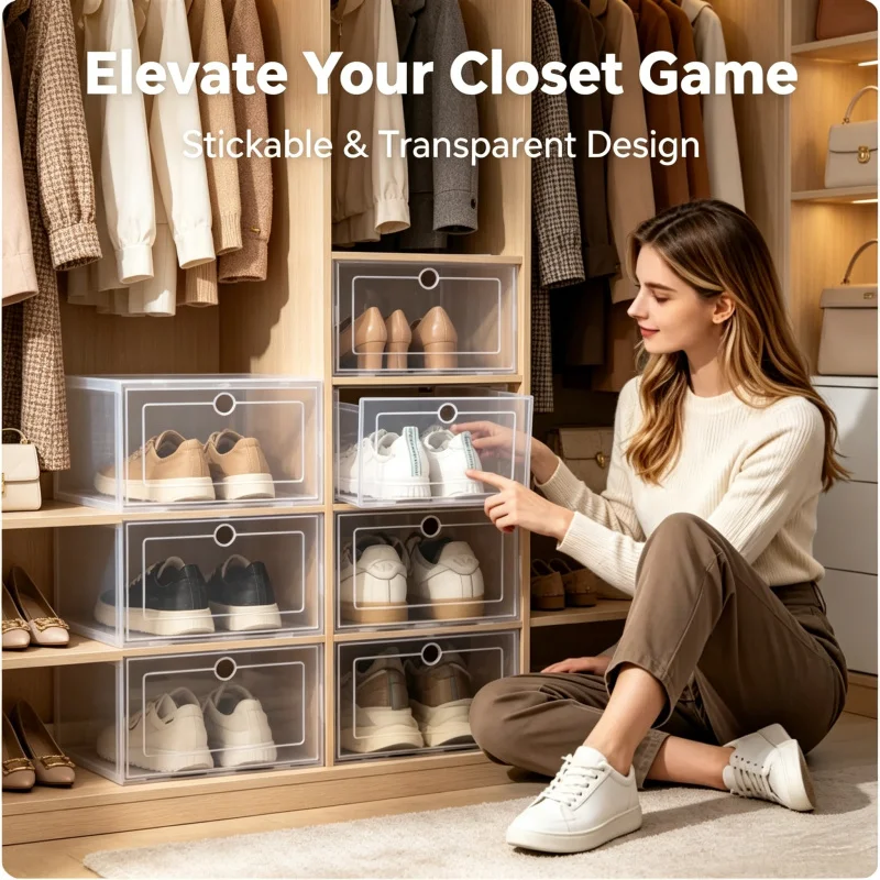 6 Pack Stackable Clear Shoe Storage Organizer Plastic Dustproof Sneaker Boxes Closet Bedroom Entryway Shoe Rack for Women