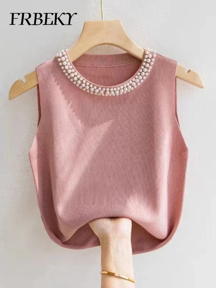 

Korea Fashion Knitted Vest Solid Color Sleeveless Bottom Shirt Beaded Round Neck Sleeveless Women's Tops Women's Sweater Jumper