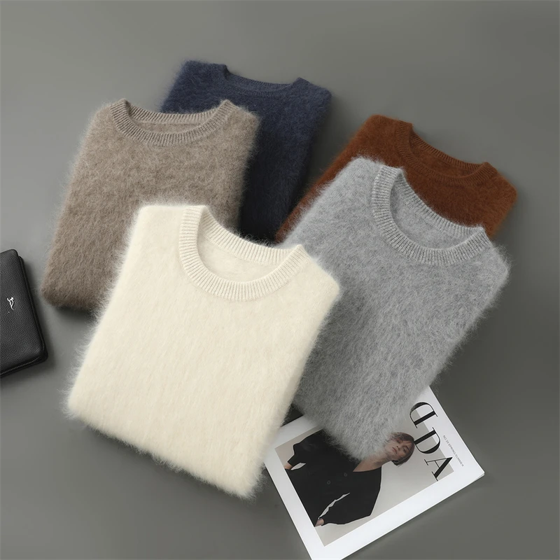 

Мужской пуловер с круглым вырезом, пушистый свитер из чистой шерсти, теплый однотонный деловой топ с длинными рукавами на осень-зиму