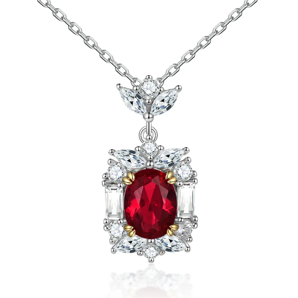 

S925 silver red oval moissanite square pendant garnet necklace women's collarbone chain light luxury elegant wedding engagement gift Valentine's Day gift birthday gift holiday party gift