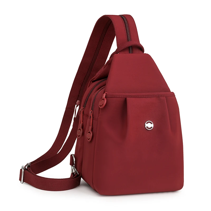 Sacs de poitrine multifonctionnels en Nylon rouge vin de grande capacité pour femmes, petit sac à dos élégant à fermeture éclair pour les voyages scolaires et les achats