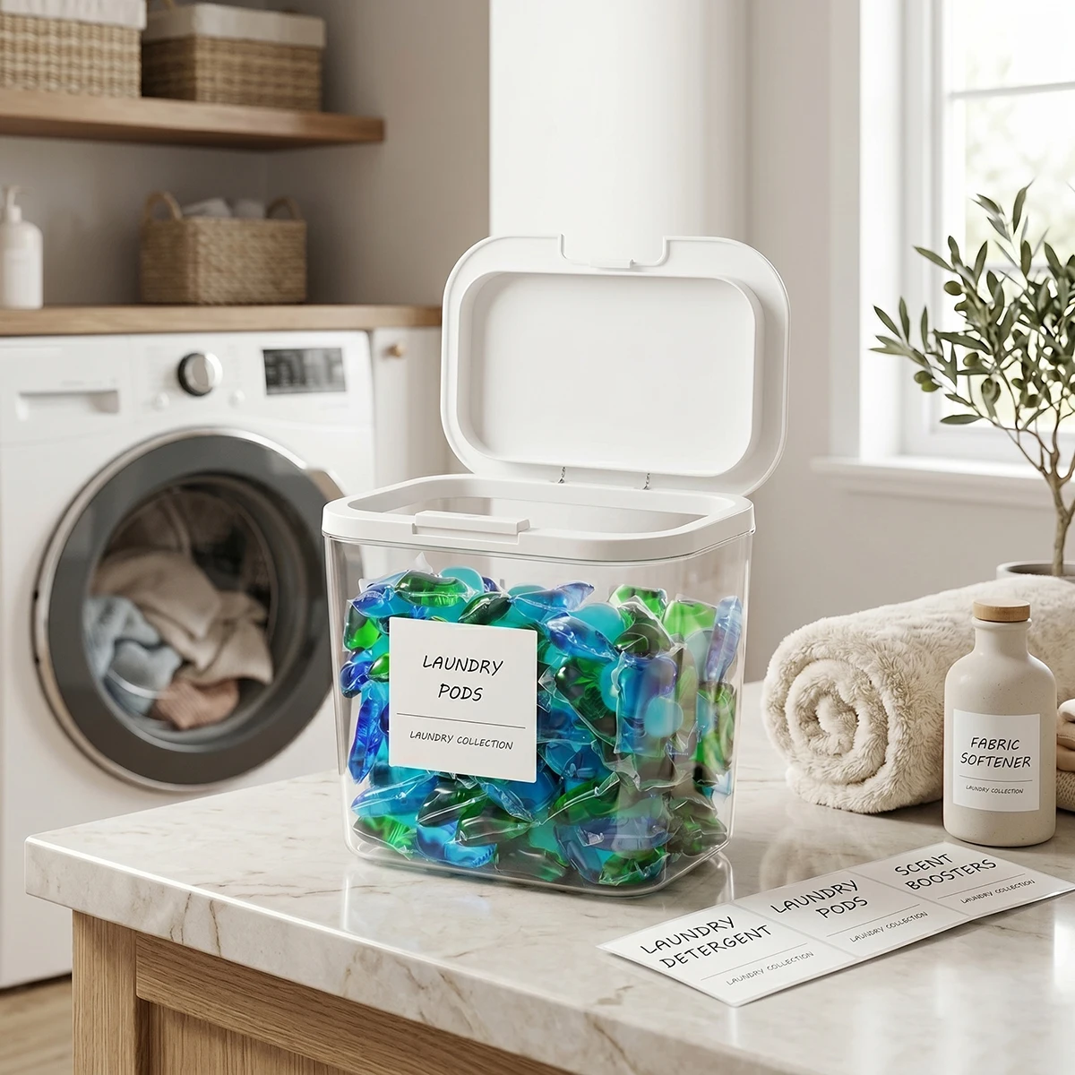 Laundry Pod Holder with Lid  Sealed Automatic Pop-Up Dispenser, Laundry & Dishwasher Pods for Laundry Room Organization