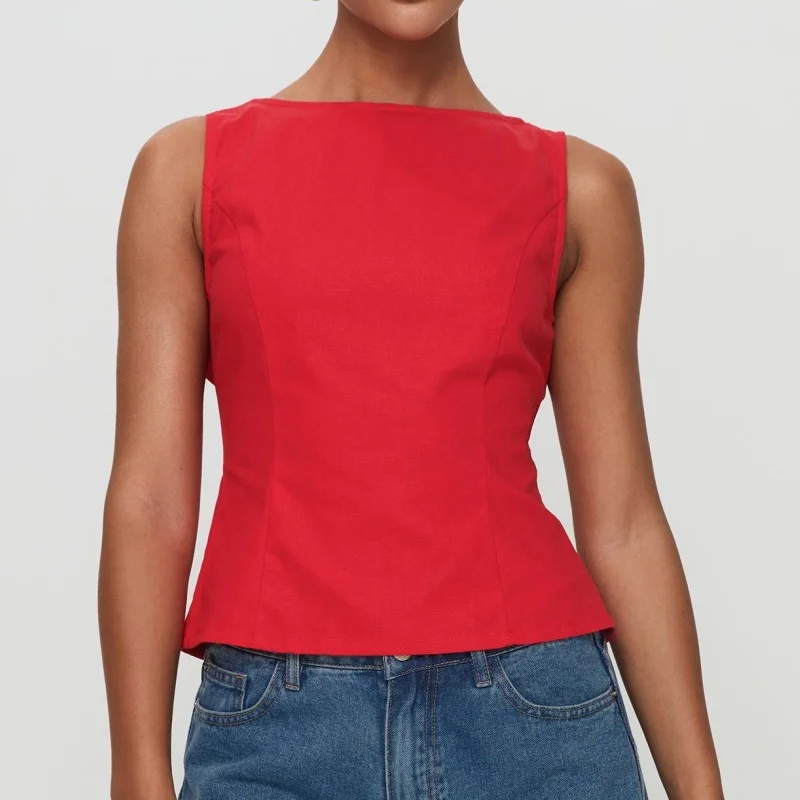 Vrouwen Zomer Crop Tank Tops Ronde Hals Mouwloos Verstelbare Grote Strik Gebonden Uitsparing Open Rug Slim Fit Vest Streetwear