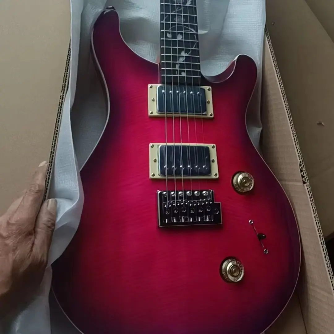 Custom Double-Neck Electric Guitar Purple-Red Gradient Glossy Finish Flame Pattern Veneer Double-Coil Pickups Christmas Gift
