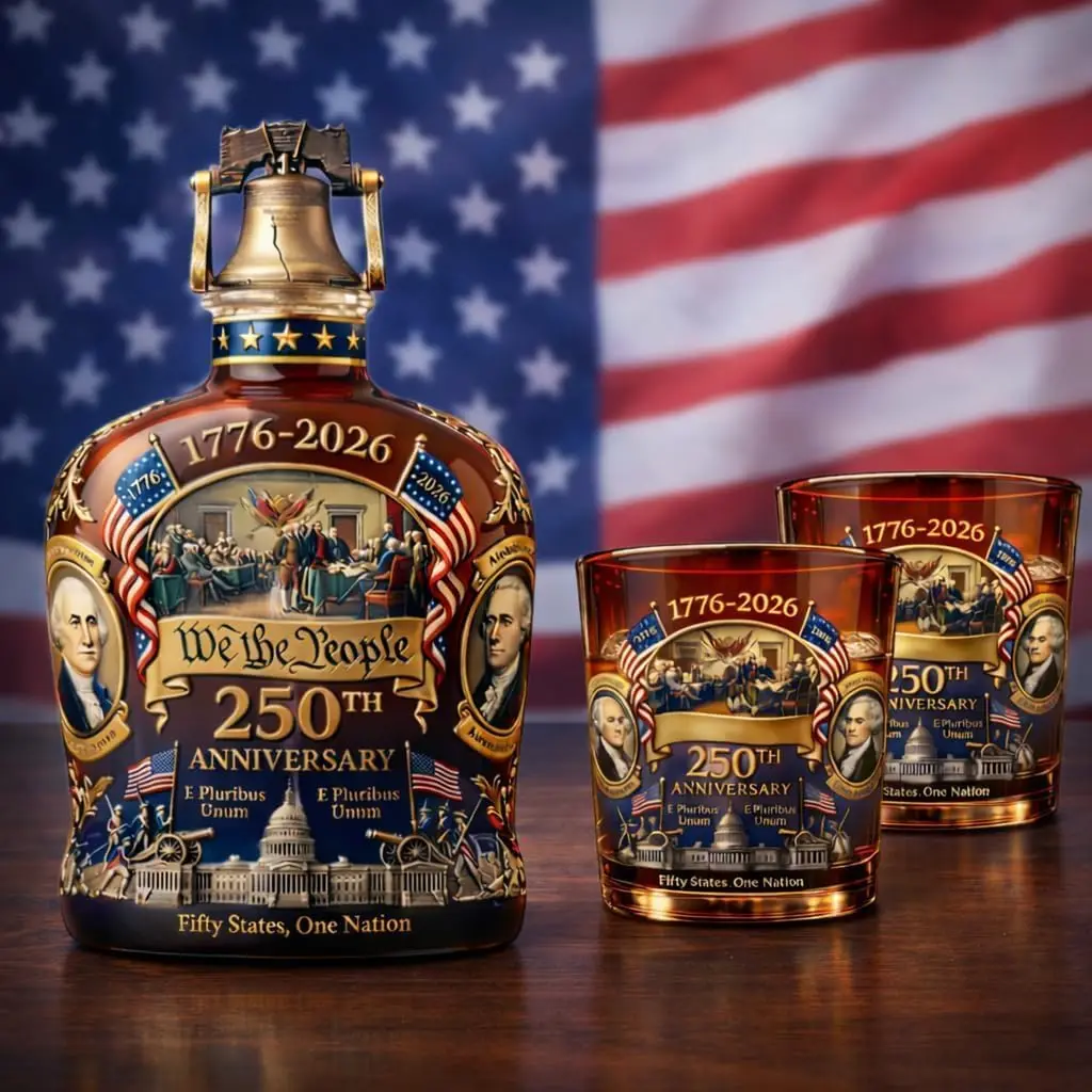 Decantador de whisky del 250.º aniversario de EE. UU., We The People 1776-2026, de vidrio ámbar con tapón Liberty Bell, 350 ml (11.8 fl oz)