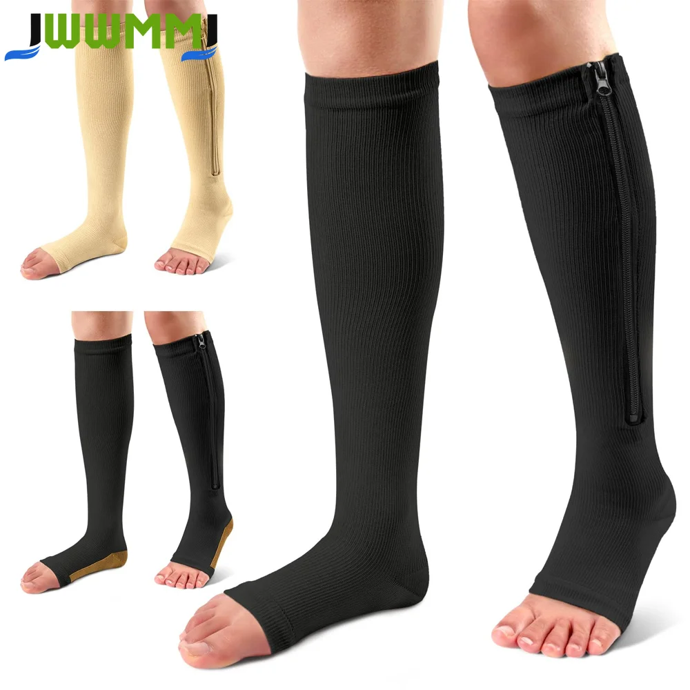 1 Paar Kompressionssocken mit Reißverschluss und offener Spitze, leichte Kompressionssocken, lange Waden-Kompressionssocken, elastische Venensocken