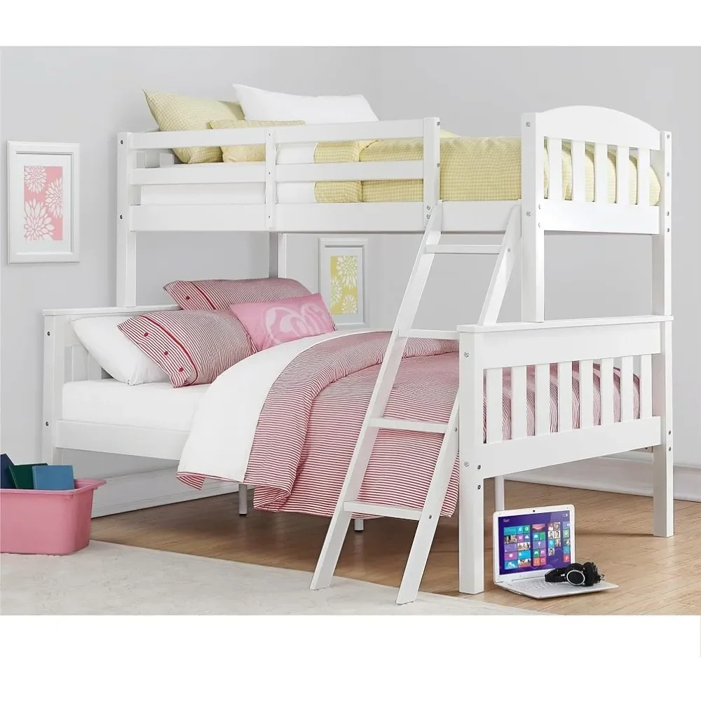 

Children's Bed White Dorel Living Airlie Solid Wood Bunk Beds Twin Over Full With Ladder and Guard Rail Furniture