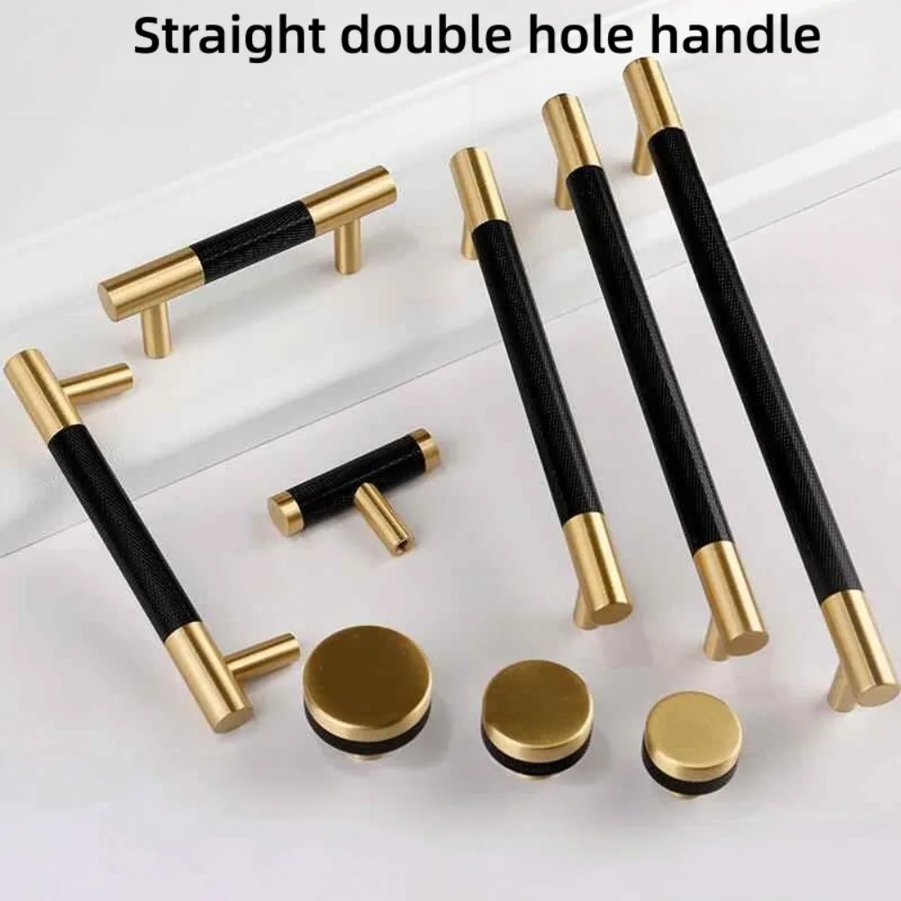 Modern Chinese Style Furniture Pull Handle Black Textured with Brass Gold End Cap Single Hole Knob 16‑448mm for Cabinet Drawer
