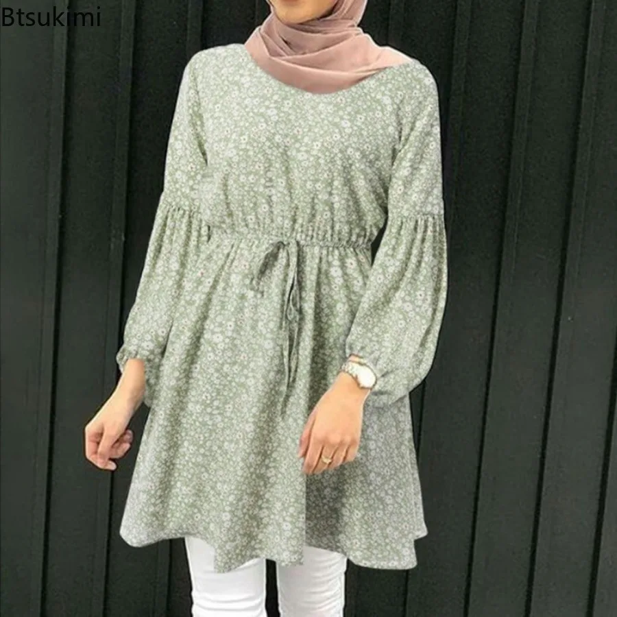 2024 Muslim Fashion Long-sleeved Casual Blouse Women\'s O-neck Floral Print Elegant Lace-up Tops Women Islamic Clothes Mini Dress