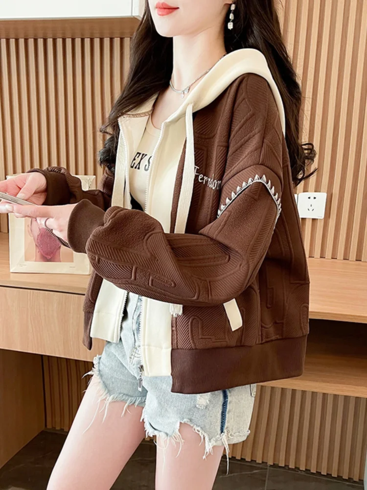 Amerikaanse retro mode honkbaljas bovenkleding lente herfst losse kleur geblokkeerde geborduurde letter sweatshirt met capuchon