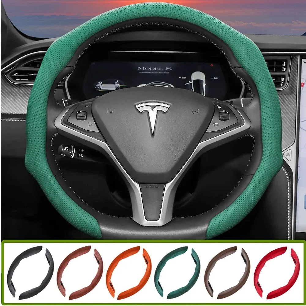 Housse de volant en cuir perforé adaptée à Tesla, antidérapante, absorbant la transpiration, étui de protection intégré à fixation par pression