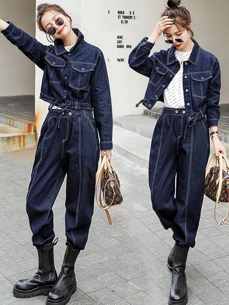 2-Piece Denim Work Suit for Women, Long Sleeved Short Jacket, Pants Sets, Spring and Autumn Pants