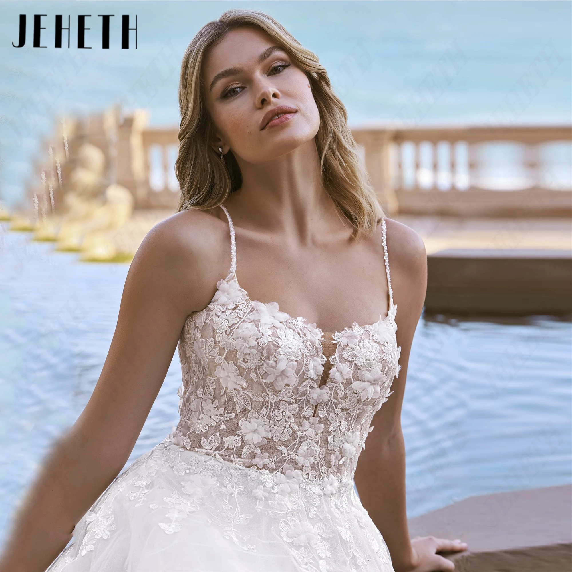 JEHETH Sleeveless V Back Wedding Dress Sqaure Neckline A-Line Bride Gown Luxury Spaghetti Straps Bridal Gowns Personalized